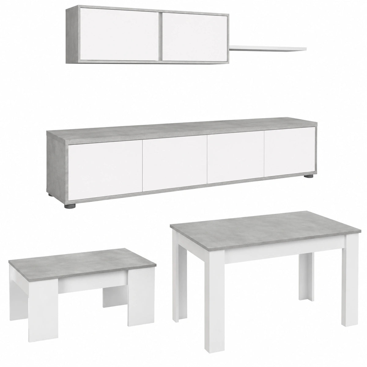 Conjunto de Sala Moderno con Acabado en Blanco y Cemento, Incluye Muebles y Mesas