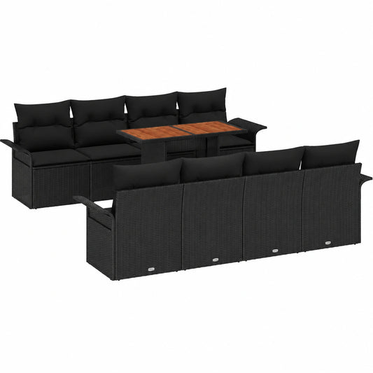 Conjunto de Sofá de Jardín 9 Piezas, Cojines Negros y Teak, Muebles de Exterior Modernos