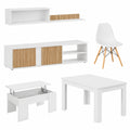 Juego de Comedor Ecco: Mueble, Mesa y Sillas en Blanco y Madera Natural