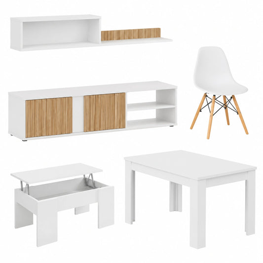 Juego de Comedor Ecco: Mueble, Mesa y Sillas en Blanco y Madera Natural