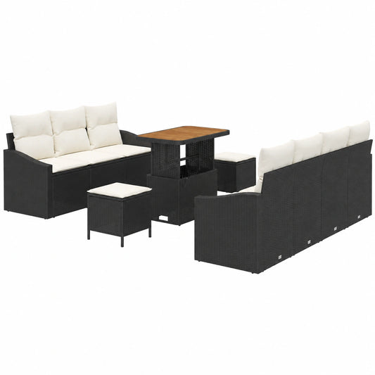 Set de Sofás de Jardín 10 Piezas en Poliratán Negro con Cojines, Resistente a UV, Ideal para Terraza