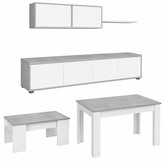 Conjunto de Sala Moderno con Acabado en Blanco y Cemento, Incluye Muebles y Mesas