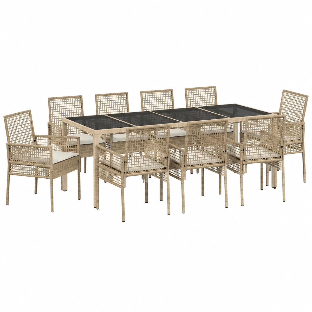 Conjunto de Comedor Exterior 11 Piezas de Ratán Sintético Beige con Mesa de Cristal