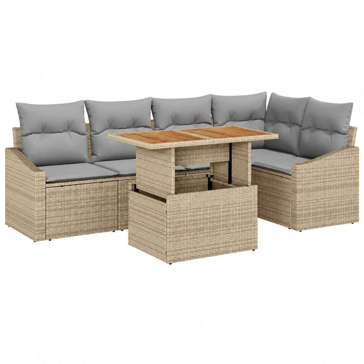 Juego de Comedor de Jardín 6 Piezas con Cojines Beige, Ratán Sintético y Acacia