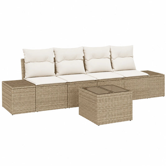 Conjunto de Sofá para Jardín de 5 Piezas con Cojines Beige, Ratán Sintético, Muebles de Exterior Modernos para Balcón y Patio