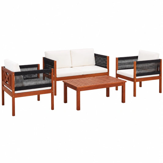 Conjunto de Muebles de Jardín de Madera de Acacia con Diseño de Cuerda para Terraza