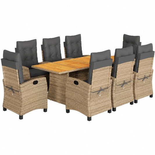 Conjunto de Jardín 9 Piezas con Cojines, Mesa y Sillas en Ratán Sintético Beige