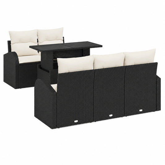 Conjunto de Sofá de Jardín de Poliratán Negro con Cojines, 6 Piezas, Muebles de Exterior Modernos y Ajustables